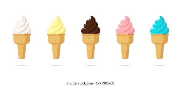 Delicious multicolor swirling ice cream in waffle cone set. Vanilla chocolate and pistachio strawberry taste twisted ice-cream on white background. Cute flat cartoon style product design illustration