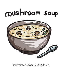 Delicious mushroom cream soup drawing isolated on square white background. Simple flat outlined cartoon art styled food drawing.