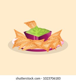 Delicious nachos with guacamole sauce - cute cartoon colored picture of traditional Mexican cuisine. Graphic design elements for menu, advertising, brochure. Vector illustration of fast food