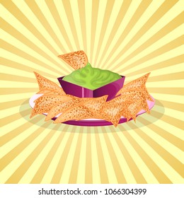 Delicious nachos with guacamole sauce - cute cartoon colored picture of traditional Mexican cuisine. Graphic design elements for menu, advertising, brochure. Vector illustration of fast food