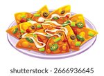 Delicious nachos with melted cheese, jalapeños, olives, and tomato on a plate. Vector cartoon illustration