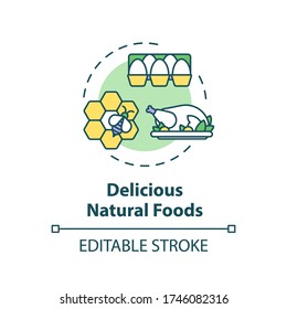 Delicious natural foods concept icon. Local farm production. Meat and dairy. Organic products idea thin line illustration. Vector isolated outline RGB color drawing. Editable stroke