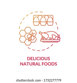 Delicious natural foods red concept icon. Local farm production. Meat and dairy. Honey and eggs. Organic products idea thin line illustration. Vector isolated outline RGB color drawing