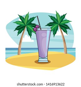 Delicious and natural grapes juice with fruit on beach scenery background vector illustration graphic design