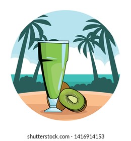 Delicious and natural kiwi juice with fruit in beach scenery round background vector illustration graphic design