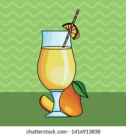 Delicious and natural mango juice with fruit on green striped background vector illustration graphic design