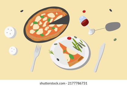 Delicious Neopolitano pizza with a glass of red wine. Appetizing pizza in a restaurant or pizzeria.