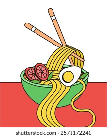 Delicious noodle bowl with vegetables and an egg in hand drawn vector illustration for food-related content