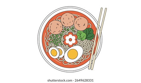 Delicious noodle soup dish with meatballs egg and greens prepared in a bowl with chopsticks ready to eat