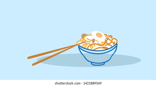 delicious noodles ramen with boiled egg traditional asian food concept hand drawn sketch doodle horizontal