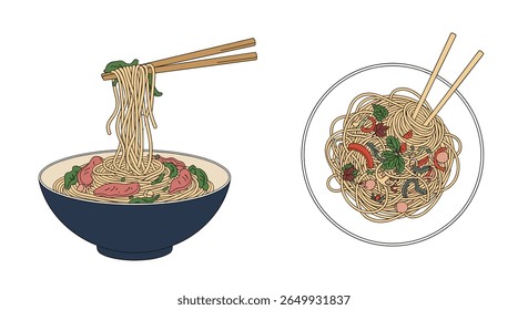 Delicious noodles served in a bowl with chopsticks and another portion on a plate