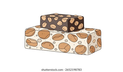Delicious nougat confectionery featuring nuts on a white background