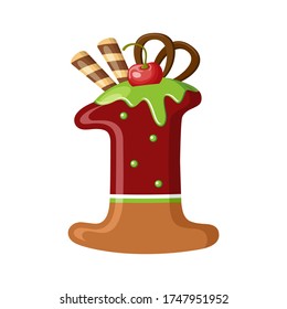 Delicious Number 1 in the form of sweets. Vector flat illustration