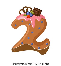 Delicious Number 2 in the form of sweets. Vector flat illustration