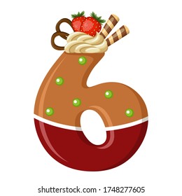 Delicious Number 6 in the form of sweets. Vector flat illustration