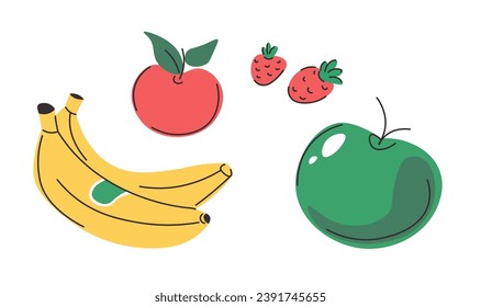 Delicious and nutritious addition to healthy diet. Bananas, strawberries and apples. Organic and tasty fruits for wholesome nutrition. Food for overall health and well being. Vector in flat style