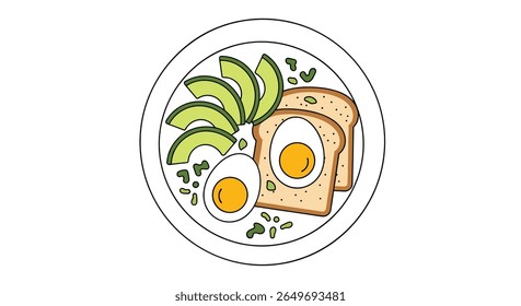 A delicious and nutritious breakfast plate featuring soft boiled eggs sliced avocado and toasted bread sprinkled with fresh herbs