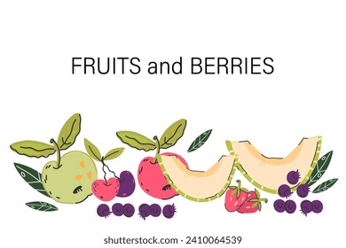 Delicious and nutritious fruits and vegetables for food packaging, desserts and sweet treats labels, flat hand drawn vector illustration isolated on white background.