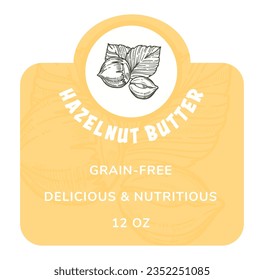 Delicious and nutritious healthy hazelnut butter. Isolated sticker with weight, grain free ingredients, tasty meal and vegan snacks. Product label or emblem for package. Vector in flat style
