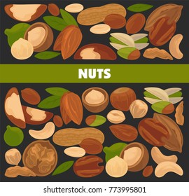 Delicious nutritious nuts advertisement banner with italic sign inside big circle isolated vector illustration