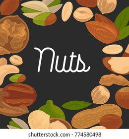 Delicious nutritious nuts advertisement banner with italic sign inside big circle isolated vector illustration