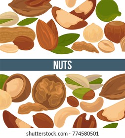 Delicious nutritious nuts advertisement banner with italic sign inside big circle isolated vector illustration