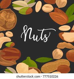 Delicioso cartel publicitario de nueces nutritivas con signo cursiva dentro de un gran círculo ilustración vectorial aislada