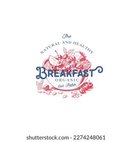 Delicious Oat flakes with raw strawberry Vintage label or logo. Packaging design for broshure, poster, badge, label, logo.