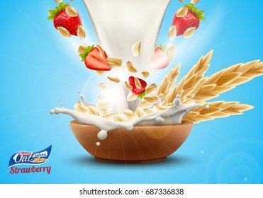 Delicious Oat flakes with raw strawberry and big milk splash advertising flyer vector illustration. High quality art for ads broshure, poster or label design