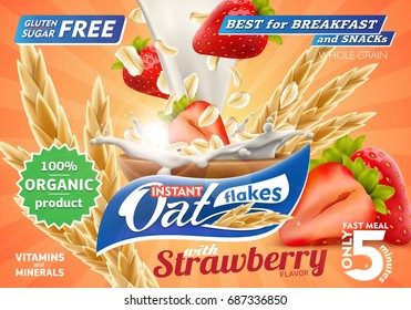 Delicious Oat flakes with raw strawberry and big milk splash advertising flyer vector illustration. High quality art for ads broshure, poster or label design