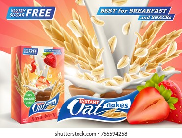 Delicious Oat flakes with raw strawberry and big milk splash advertising flyer vector illustration. Packaging carton design samle. High quality art for ads broshure, poster or label 