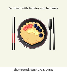 Delicious oatmeal with blueberry, strawberry, and banana food illustration