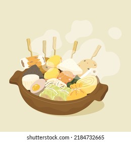 Delicious Oden Hot Pot isolated on beige background. Japanese traditional food. Street food. Flat vector illustration.