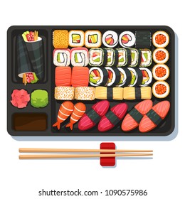 Delicious oriental takeaway sushi set on partitioned obento tray with chopsticks. Japanese maki, temaki, sashimi, uramaki, nigiri. Bright asian sushi set top view. Flat vector isolated illustration