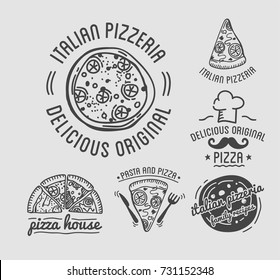 Delicious original Italian pizza house monochrome emblems set.