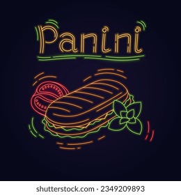Delicious outline panini sandwich sign in neon color isolated on black background.