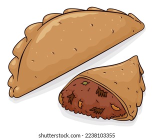 Delicious pair of empanadas, one whole and another sliced showing the veggie and ground meat filling. Design in cartoon style.
