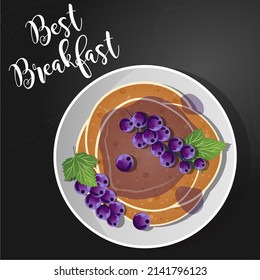 Delicious pancake with black currant in vector format. Sweet illustration. Top fiew.