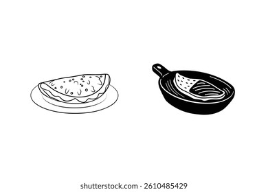 Delicious Pancake Served On Plate And Pancake Cooking In Pan Black And White