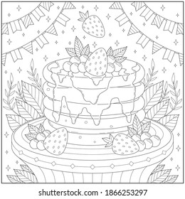 Köstlicher Pfannkuchen mit Sirup und Süßigkeiten. Bildungs- und Unterrichtsfarbseiten-Illustration für Erwachsene und Kinder. Umriss-Stil, schwarz-weißes Bild