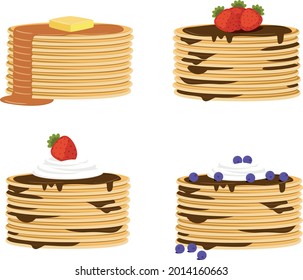 Delicious pancakes with berries, honey or maple syrup. Homemade pancakes and sweet syrup without plate, isolated.