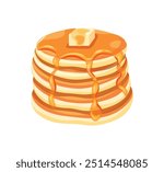 Delicious pancakes with butter in a cartoon style. Vector illustration of fresh and fluffy pancakes drizzled with honey and a piece of butter isolated on a white background. American breakfast.