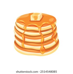 Delicious pancakes with butter in a cartoon style. Vector illustration of fresh and fluffy pancakes drizzled with honey and a piece of butter isolated on a white background. American breakfast.