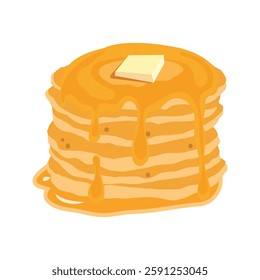 Delicious pancakes with butter in a cartoon style. Vector illustration of fresh and fluffy pancakes drizzled with honey and a piece of butter. Flat vector isolated on a white background.