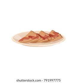 Delicious pancakes folded in triangles covered with sweet berry jam on plate. Sweet and healthy dessert. Flat vector design for poster, restaurant or cafe menu