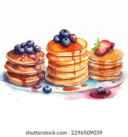 Delicious pancakes, with fresh blueberries, strawberries and maple syrup on a light background. Sweet maple syrup flows from a stack of pancake. vector illustration, isolated background