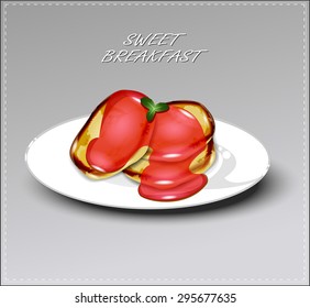 Delicious pancakes with jam on a white plate. Vector illustration.
