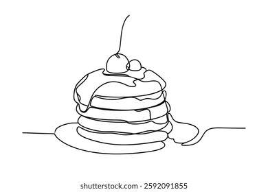 Delicious Pancakes SingleLine Art, Sweet Treat, Cherry Topping, Breakfast Food