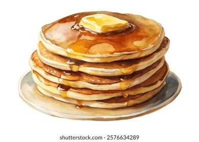 Delicious pancakes stack, golden syrup drizzle, butter melting, breakfast food art, watercolor style, inviting presentation.