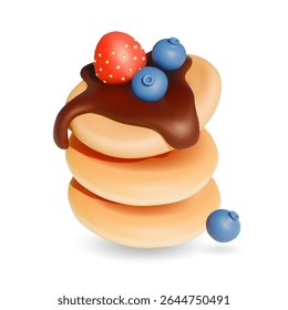 Delicious pancakes with strawberry and blueberry 3d icon.. Vector illustration of fresh and fluffy pancakes drizzled with chocolate and a berries on a white background. American breakfast.